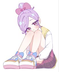  1girl :t blush bow commentary_request convenient_skirt full_body hair_bow head_on_knees high_ponytail highres hugging_own_legs kimi_no_koto_ga_dai_dai_dai_dai_daisuki_na_100-nin_no_kanojo knees_up long_hair long_sleeves looking_at_viewer mamesuki miniskirt momi_momiji ohananomitsu_high_school_uniform parted_bangs pink_bow pink_eyes pink_skirt pleated_skirt ponytail purple_hair school_uniform shirt shoes short_ponytail side_part simple_background single_hair_intake sitting skirt sneakers solo sweater_vest white_background white_shirt white_shoes yellow_sweater_vest 