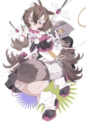  1girl absurdres ahoge animal_ear_fluff animal_ears arknights black_gloves black_shoes braid brown_hair bug chinese_commentary commentary_request dragonfly dress flipped_hair freckles full_body gloves grey_eyes hair_between_eyes hair_ornament hairclip highres hiking_backpack holding holding_staff holding_weapon long_hair looking_at_viewer multicolored_gloves raccoon_ears raccoon_girl raccoon_tail shoes simple_background sitting solo staff tail tearing_up timeslot_(arknights) twin_braids two-tone_gloves weapon white_background white_dress x_hair_ornament yi_tai_meiyou_xianshi_ping_de_zhuji 
