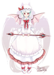  1girl back_bow bat_wings blue_hair boots bow bowtie brooch collared_shirt commentary_request dated footwear_bow frilled_shirt_collar frilled_skirt frills full_body furim hat hat_bow highres holding holding_polearm holding_weapon jewelry long_sleeves medium_hair mob_cap open_mouth polearm red_bow red_bowtie red_eyes remilia_scarlet shirt signature skirt skirt_set solo spear spear_the_gungnir touhou weapon white_boots white_bow white_hat white_shirt white_skirt wings 