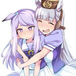  2girls animal_ears bow bowtie gold_ship_(umamusume) grey_hair horse_ears horse_girl horse_tail horseshoe_ornament hug hug_from_behind mejiro_mcqueen_(umamusume) multiple_girls nakahira_guy pleated_skirt puffy_short_sleeves puffy_sleeves purple_bow purple_bowtie purple_hair purple_shirt sailor_collar sailor_shirt school_uniform serafuku shirt short_sleeves skirt summer_uniform sweat tail tracen_school_uniform umamusume upper_body white_skirt 