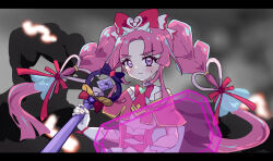  1girl absurdres avengers:_endgame avengers_(series) back_bow bare_shoulders blue_bow blunt_bangs blunt_ends blurry blurry_background blush bow bowtie braid brooch capelet clenched_hand closed_mouth commentary cure_mystique curtained_hair depth_of_field dress energy_barrier fingerless_gloves floating_hair furrowed_brow glove_bow gloves gold_trim hair_bow hair_ornament hair_ribbon heart heart_brooch heart_in_eye highres holding holding_staff impossible_hair jewelry kobayashi_mikuru letterboxed long_hair looking_at_viewer magical_girl marvel medium_dress meitantei_precure! mystique_reflection nuanko outdoors parody parted_bangs pink_bow pink_bowtie pink_capelet pink_dress pink_hair precure red_bow red_ribbon ribbon scene_reference serious sidelocks solo staff sweatdrop symbol_in_eye tear_arcana_rod thick_eyebrows twin_braids upper_body very_long_hair violet_eyes white_gloves wing_hair_ornament 
