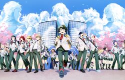  6+boys 6+girls absurdres adjusting_eyewear antennae aoyama_yuga arm_around_shoulder ashido_mina asui_tsuyu backpack bag bakugou_katsuki bird_boy black_hair black_sclera black_shoes blonde_hair blunt_bangs boku_no_hero_academia brown_hair brown_shoes character_request cherry_blossoms clenched_hands closed_mouth colored_sclera commentary_request dabi_(boku_no_hero_academia) double_bun everyone freckles glasses green_hair green_pants green_skirt grey_hair grey_jacket grin hagakure_toru hair_between_eyes hair_bun hands_in_pockets highres iida_tenya jacket jiro_kyoka kaminari_denki kirishima_eijiro koda_koji konekutozzzzz long_hair midoriya_izuku mineta_minoru multicolored_hair multiple_boys multiple_girls necktie ojiro_mashirao one_eye_closed open_mouth pants pink_hair pleated_skirt ponytail purple_hair red_hair red_necktie red_shoes sato_rikido scar scar_across_eye scar_on_face scar_on_mouth school school_uniform sero_hanta sharp_teeth shinso_hitoshi shirt shoes shoji_mezo short_hair shoulder_bag skirt smile spiky_hair teeth todoroki_shoto todoroki_touya toga_himiko tokoyami_fumikage two-tone_hair u.a._school_uniform uraraka_ochaco walking white_hair white_shirt yaoyorozu_momo 