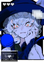  1girl absurdres black_hat bow closed_mouth collared_shirt commentary disembodied_linked_eye english_commentary english_text eyeball frilled_shirt_collar frilled_sleeves frills green_eyes green_hair hand_on_own_cheek hand_on_own_face hat hat_bow heart highres komeiji_koishi long_sleeves looking_at_viewer mashi_(umashiodare) shirt smile solo touhou upper_body wide_sleeves window_(computing) yellow_bow yellow_shirt 