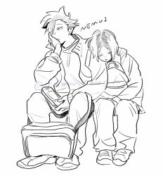  2boys backpack bag closed_eyes closed_mouth collared_jacket greyscale haikyuu!! hand_on_own_face handheld_game_console head_rest highres holding holding_handheld_game_console invisible_chair jacket kozume_kenma kuroo_tetsurou male_focus monochrome multiple_boys open_clothes open_jacket open_mouth parted_bangs plant_roots shirt shoes short_hair shoulder_bag side-by-side simple_background sitting sleeping sneakers spiky_hair tamoto_(loretta) twitter_username very_short_hair white_background 
