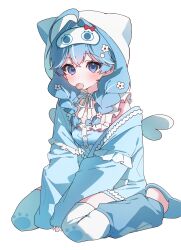  1girl absurdres ahoge arahashi_tabi artist_request beanie blue_cardigan blue_eyes blue_hair blue_leg_warmers blue_shirt blue_slippers blush bow cardigan commentary_request double-parted_bangs flower food_in_mouth full_body hair_ears hair_flower hair_intakes hair_ornament hat highres korean_commentary leg_warmers long_sleeves looking_at_viewer mask mask_on_head multicolored_hair off_shoulder open_cardigan open_clothes paw_print print_thighhighs red_bow second-party_source shirt simple_background sitting sleep_mask sleepwear sleeveless sleeveless_shirt sleeves_past_wrists slippers solo stellive streaked_hair thigh-highs virtual_youtuber wariza white_background white_flower white_hat white_streaks white_thighhighs 