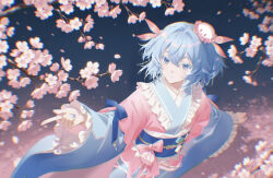  1girl altalune blue_bow blue_eyes blue_hair blue_kimono blue_nails blue_sash bow cherry_blossoms chromatic_aberration closed_mouth colored_eyelashes commentary cowboy_shot double-parted_bangs english_commentary falling_petals fingernails frilled_kimono frills from_above hair_between_eyes hair_ribbon haiyi hat japanese_clothes kimono long_sleeves looking_at_viewer looking_up medium5 mini_hat nail_polish obi obiage obijime outdoors outstretched_arms petals pink_bow pink_hat pink_kimono pink_ribbon ribbon sash short_hair solo standing synthesizer_v turning_head two-tone_kimono wide_sleeves 