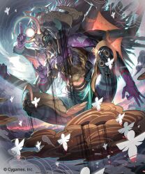  1girl \n/ all-feeling_divine armlet black_hair black_sclera colored_sclera colored_skin commentary_request company_name copyright_notice cygames extra_arms extra_hands gold_armlet grey_skin hand_tattoo highres horns jewelry long_hair money_gesture monster monster_focus monster_girl official_art on_cloud open_mouth paper_doll salute shadowverse shikigami solo squatting tattoo two-finger_salute xui_ton yellow_eyes 