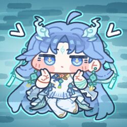  1girl ahoge blue_background blue_eyes blue_hair blue_outline blue_thighhighs blush_stickers chibi chibi_only closed_mouth commentary_request double_v dress earrings full_body hands_up jewelry jitome korean_commentary long_hair looking_at_viewer monyami outline parted_bangs qingxiao_(wuthering_waves) shoes solo thigh-highs v very_long_hair white_dress white_shoes wuthering_waves 
