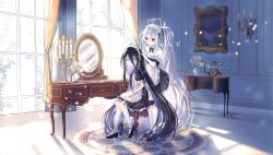  2girls absurdly_long_hair absurdres alternate_hairstyle apron aqua_halo aris_(blue_archive) aris_(maid)_(blue_archive) black_dress black_hair black_shoes blue_archive blue_eyes closed_mouth commentary_request dress halo hand_on_another's_head highres indoors kei_(blue_archive) kei_(student)_(blue_archive) kneehighs korean_commentary long_hair looking_at_another looking_at_viewer maid maid_apron maid_headdress multiple_girls official_alternate_costume official_alternate_hairstyle pink_halo puffy_short_sleeves puffy_sleeves red_eyes ripcho_xx shoes short_sleeves side_ponytail sitting smile socks thigh-highs very_long_hair white_hair white_socks white_thighhighs 