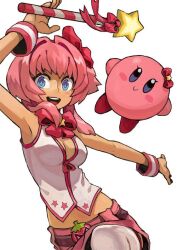  1girl blue_eyes bow bowtie breasts commentary english_commentary food fruit holding holding_wand humanization humanoid_and_humanization kirby kirby_(series) maxim_tomato medium_breasts niking pink_bow pink_bowtie pink_hair red_bow simple_background smile star_rod star_wand strawberry wand white_background 