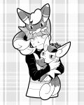  1boy greyscale haruka_painter highres holding holding_pokemon long_sleeves looking_at_another male_focus meowstic meowstic_(female) meowstic_(male) monochrome on_head plaid plaid_background pokemon pokemon_(creature) pokemon_(game) pokemon_dppt pokemon_on_head saturn_(pokemon) signature sweat tail team_galactic upper_body 