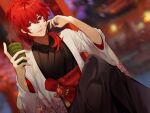  1boy artist_request cup diluc_(genshin_impact) earrings genshin_impact japanese_clothes jewelry kimono long_hair male_focus red_eyes redhead smile solo source_request vision_(genshin_impact) 