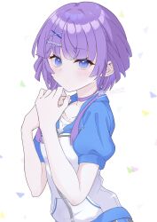  1girl agarie_nagi aziazi014 blue_eyes blue_jacket closed_mouth hair_ornament hairclip highres jacket long_hair looking_at_viewer multicolored_jacket purple_hair shine_post shirt sidelocks signature solo upper_body white_jacket white_shirt x_hair_ornament 