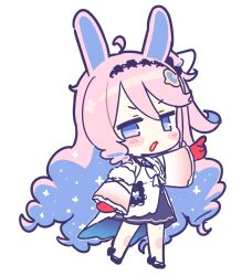  1girl ahoge animal_ears black_skirt blue_eyes blue_hair blush colored_inner_hair commentary_request denia_(wuthering_waves) detached_sleeves dress full_body gloves hair_ornament highres kemonomimi_mode korean_commentary long_hair looking_at_viewer mole mole_on_thigh mono_mon multicolored_hair official_art_inset open_mouth pink_hair pointing pointing_to_the_side rabbit_ears rabbit_girl red_gloves simple_background skirt solo transparent_background white_dress wuthering_waves 