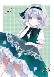  1girl :o artist_name black_bow black_bowtie black_hairband border bow bowtie collared_shirt commentary_request feet_out_of_frame frilled_skirt frilled_sleeves frills green_background green_eyes green_skirt green_vest grey_hair hairband heart highres konpaku_youmu lace_apron open_mouth plaid_background puffy_short_sleeves puffy_sleeves shirt short_hair short_sleeves skirt solo toppoppo1017 touhou twitter_username vest white_border white_shirt 