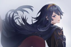  1girl armor blue_cape blue_eyes blue_hair cape commentary fire_emblem fire_emblem_awakening floating_hair grey_background hair_between_eyes highres long_hair long_sleeves lucina_(fire_emblem) nyxrkgk pauldrons red_cape shoulder_armor simple_background solo tiara two-tone_cape 