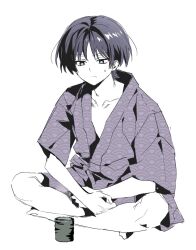  1boy alternate_costume barefoot black_hair bright_pupils cherry_(sp_gkdla) closed_mouth collarbone colored_skin cup egasumi eyeliner full_body genshin_impact grey_eyes highres indian_style japanese_clothes kimono looking_at_object makeup male_focus purple_kimono purple_sleeves red_eyeliner scaramouche_(genshin_impact) seigaiha short_sleeves sitting solo split_mouth sweatdrop tsurime white_background white_pupils white_skin wispy_bangs wolf_cut yunomi 