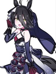  1girl ahoge animal_ears bare_shoulders black_flower black_hair black_rose blush choker commentary_request detached_sleeves dress ear_ornament ear_ribbon flower flower_in_clothes frilled_cuffs frilled_veil grey_veil hair_between_eyes hair_bun highres horse_ears horse_girl horse_tail kikkasoon lace-trimmed_choker lace_trim long_hair_between_eyes looking_at_viewer manhattan_cafe_(mysterious_rose)_(umamusume) manhattan_cafe_(umamusume) multicolored_hair open_mouth ribbon rose simple_background smile solo tail two-tone_flower umamusume veil waist_ribbon white_background white_dress white_ribbon yellow_eyes 