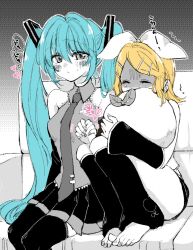  2girls aqua_hair bare_shoulders barefoot black_sleeves blonde_hair bow breasts closed_eyes commentary_request couch detached_sleeves grey_shirt greyscale hair_bow hair_ornament hairclip hatsune_miku holding_hands kagamine_rin knees_up leg_warmers long_hair mimi_mine monochrome multiple_girls necktie on_couch parallel_hairclips partially_colored shirt short_hair sitting skirt sleeveless sleeveless_shirt small_breasts twintails very_long_hair vocaloid watching_movie white_bow 