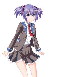  1girl anekouji_naoko_to_giniro_no_shinigami arms_at_sides blue_eyes buttons closed_mouth collared_shirt cowboy_shot flat_chest frilled_skirt frills game_asset grey_jacket grey_skirt jacket lapels light_smile long_sleeves mikoshi_matsuri miniskirt multiple_hair_ribbons necktie non-web_source open_clothes open_jacket outstretched_arms pleated_skirt purple_hair red_necktie red_ribbon ribbon school_uniform self-datamine shirt short_hair short_twintails sidelocks simple_background skirt solo spread_arms standing tachi-e thigh-highs tominaga_hitsuji transparent_background twintails very_short_hair white_shirt 