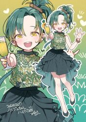  1girl :3 bare_shoulders blonde_hair blush bracelet champagne_flute cherico commentary_request cup dress drinking_glass earrings food fruit gradient_background green_background green_dress green_ribbon green_shoes hair_ornament hair_stick happy heart high_heels holding holding_cup jewelry looking_at_viewer multicolored_hair multiple_bracelets neck_ribbon open_mouth orange_(fruit) orange_slice party plant_print ribbon shirt shoes sleeveless sleeveless_shirt solo swept_bangs teeth translation_request two-tone_hair uemine_noruju upper_teeth_only virtual_youtuber voms waving yellow_background yellow_eyes yellow_nails zoom_layer 