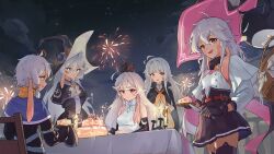  1boy 2024 4girls :d aerial_fireworks ahoge basket belt bird black_cape black_gloves black_hat black_jack_(witch_springs) black_robe black_skirt black_thighhighs blue_capelet blue_eyes blue_hat blue_robe breasts bufeiyue butter_knife cake cake_slice candle candlestand cape capelet chair clouds collared_cape commentary_request cowboy_shot crossed_arms cup dark-skinned_female dark-skinned_male dark_skin doll_on_head dress eileen_(witch_springs) eirudy elbow_gloves facial_mark failur_(witch_springs) fireworks food fur-trimmed_robe fur_trim gloves hair_between_eyes hat high-waist_skirt highres holding holding_basket holding_knife knife long_hair long_sleeves looking_at_viewer lukas_(witch_springs) luna_(witch_springs) medium_breasts multiple_girls new_year night open_mouth outdoors parted_lips pieberry_(witch_springs) pink_cape pink_eyes pleated_skirt puffy_long_sleeves puffy_sleeves red_belt red_eyes robe sailor_collar sitting skirt sky sleeveless sleeveless_dress sleeves_past_fingers sleeves_past_wrists smile standing star_(sky) starry_sky strawberry_shortcake table teacup teeth thigh-highs turtleneck turtleneck_dress two-sided_cape two-sided_fabric upper_teeth_only very_long_hair white_dress white_hair witch_hat witch_springs wooden_chair yellow_sailor_collar 