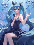  1girl 6o2_(rokumaruni) bangs bare_arms black_bow blue_eyes blue_hair blue_nails blurry blurry_foreground bow bubble closed_mouth collarbone dress floating_hair grey_dress hair_between_eyes hair_bow hatsune_miku highres long_hair looking_at_viewer nail_polish shinkai_shoujo_(vocaloid) short_dress sitting sleeveless sleeveless_dress smile solo twintails very_long_hair vocaloid 