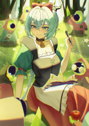  1girl absurdres apple apron bell black_horns blue_hair bow braid braided_twintails collarbone commentary_request dress elidrich_lee ethereal_(zenless_zone_zero) food forest fruit goat goat_girl goat_horns green_pupils hair_between_eyes hair_bow highres holding holding_food holding_fruit horizontal_pupils horns leaf long_hair lucia_elowen multiple_others nature neck_bell open_mouth orange_dress outdoors plant puffy_sleeves red_bow sitting snow_white_(fairy_tale) tree twintails white_apron yellow_eyes zenless_zone_zero 