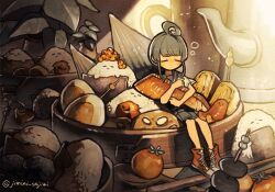  1girl ahoge ahoge_girl_(jimini_shijimi) artist_name blue_sailor_collar blue_serafuku blue_skirt blunt_bangs cherry_tomato closed_eyes commentary_request converse fantasy food holding instagram_username jimini_shijimi leaning_back living_food mini_person minigirl no_pupils omelet onigiri original pleated_skirt red_shoes sailor_collar school_uniform serafuku shoes short_eyebrows short_hair short_sleeves sitting skeb_username skirt sleepy solo tomato twitter_username 