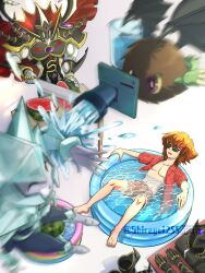  1boy brown_hair darkuriboh duel_monster elemental_hero_ice_edge elemental_hero_neos evil_hero_neos_lord food from_above fruit hair_between_eyes haku_yui_(shirayui255) hot male_focus male_swimwear open_clothes partially_submerged red_male_swimwear short_hair summer sweat swim_trunks wading_pool watermelon wet yu-gi-oh! yu-gi-oh!_gx yuki_judai 