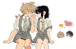  >_< 2girls ahoge arm_support bare_legs black_hair blonde_hair blush braid buttons chibi chibi_inset chinese_text closed_mouth collared_shirt colored_speech_bubble couple crossed_bangs dated diagonal-striped_clothes diagonal-striped_necktie dot_mouth dot_nose double-parted_bangs dress_shirt english_text eye_contact facing_another feet_out_of_frame green_eyes grey_necktie grey_skirt hair_between_eyes hair_ornament hairclip hand_up highres holding holding_hands jellyfish_cut kiss kissing_hand knees_together_feet_apart long_hair long_sleeves looking_at_another loose_hair_strand minamip multiple_girls multiple_hairclips multiple_views necktie open_clothes open_mouth open_shirt original parallel_hairclips parted_bangs parted_lips partially_unbuttoned pleated_skirt profile red_eyes school_uniform shirt short_hair simple_background sitting skirt sleeve_cuffs smile sound_effects speech_bubble straight-on striped_clothes striped_necktie suspender_skirt suspenders suspenders_slip sweatdrop swept_bangs thick_eyebrows tongue tongue_out triangle_mouth turning_head unbuttoned unbuttoned_shirt white_background white_shirt yuri 