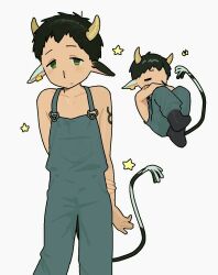  1boy animal_ears bertolt_hoover black_boots black_hair blue_overalls boots branding bug butterfly chibi closed_eyes cow_ears cow_horns cow_tail cowboy_shot ear_tag green_eyes hand_on_own_arm highres horns light_blush male_focus no_shirt overalls shingeki_no_kyojin simple_background star_(symbol) tail taurus_(zodiac) u7016903054990u white_background zodiac 