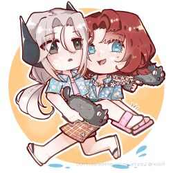  2girls :d :o absurdres blue_eyes blue_shirt brown_shorts carrying carrying_person chibi circle commentary_request flip-flops flower_wreath grey_eyes grey_hair hair_ornament hawaiian_shirt highres holding holding_water_gun looking_at_viewer low_ponytail marsha_(reverse:1999) multiple_girls neck_wreath pink_sandals ponytail princess_carry ratanan reverse:1999 running sandals sentinel_(reverse:1999) shirt short_hair short_sleeves shorts slides smile thai_commentary twitter_username water_gun 