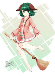  1girl animal_ears barefoot blush broom commentary_request dated dog_ears dog_girl dog_tail dress full_body furim green_eyes green_hair highres holding holding_broom kasodani_kyouko long_sleeves looking_at_viewer open_mouth pink_dress short_hair signature solo tail thighs toes touhou 