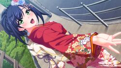  1girl :d anekouji_naoko anekouji_naoko_to_giniro_no_shinigami back_bow black_hair bow braid crown_braid dutch_angle fence fisheye floral_print flower from_above from_side furisode game_asset grass hair_bun hair_flower hair_ornament highres iron_fence japanese_clothes kimono looking_at_viewer mikoshi_matsuri non-web_source obi obijime outstretched_arm red_kimono road sash self-datamine short_hair smile street utility_pole yellow_sash 