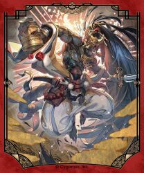  1boy beads black_hair clouds commentary_request company_name copyright_notice cup cygames dice fingernails full_body glowing glowing_eyes gold_mask highres holding holding_cup holding_sword holding_weapon horns kukishiro_(shadowverse) long_fingernails long_hair long_toenails male_focus masked muscular muscular_male official_art ofuda panties ponytail prayer_beads red_eyes red_nails robe shadowverse shadowverse:_worlds_beyond solo sword tail thigh_armor toenails topless_male underwear weapon wheat white_panties white_robe xui_ton yellow_robe 