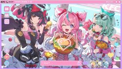  3girls absurdres anby_demara angels_of_delusion aqua_streaks aria_(human)_(zenless_zone_zero) aria_(zenless_zone_zero) bangboo_(zenless_zone_zero) black_gloves black_hair blue_eyes bucket_of_chicken burger chicken_(food) chicken_leg chinese_commentary cissia_(zenless_zone_zero) colored_inner_hair commentary_request detached_sleeves dress egg_tart elbow_gloves eyewear_on_head food fried_chicken gloves green_eyes green_hair green_halo halo heart heart-shaped_eyewear highres holding holding_burger holding_food hyny indoors kfc looking_at_viewer multicolored_hair multiple_girls nangong_yu one_eye_closed open_mouth pink_dress pink_hair quad_tails red_eyes soukaku_(zenless_zone_zero) streaked_hair sunna_(zenless_zone_zero) twintails white_wings winged_bag wings zenless_zone_zero 