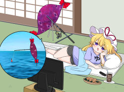  1girl alternate_costume black_shorts blonde_hair blush clothes_writing cola commentary_request cup drinking_glass drinking_straw fishing fishing_rod food futon gap_(touhou) hat hat_ribbon head_rest highres ice ice_cube indoors kumanou22 lying mob_cap on_side open_mouth portal_(object) purple_shirt ribbon senbei shirt short_sleeves shorts smile solo tatami television touhou violet_eyes watching_television yakumo_yukari 