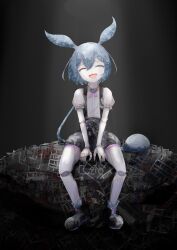  1girl black_shoes black_shorts bow bowtie closed_eyes commentary_request doll_joints full_body grey_background grey_hair highres joints long_hair model_kit open_mouth pile_of_trash pink_bow pink_bowtie recycling shirt shoes shorts sitting smile solo sprue suspenders togeguri voiceroid voicevox white_shirt zundamon 