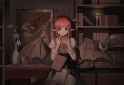  1girl absurdres black_skirt black_vest book bookshelf collared_shirt commentary demon_wings flower grimoire head_wings highres indoors koakuma long_hair looking_at_viewer necktie open_mouth painting_(object) pointy_ears red_eyes red_hair red_necktie shirt skirt skirt_set solo suwell touhou vase vest white_shirt wings 