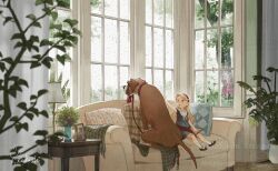 1girl blonde_hair blue_eyes boxer_(dog) check_commentary child comforting commentary commentary_request couch disappointed flower hinata_(echoloveloli) holding holding_leash hydrangea indoors lamp leash looking_at_animal looking_outside monstera mouth_hold on_couch original photo_(object) plant potted_plant rain rainy_day slice_of_life 