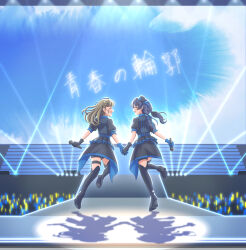  2girls asymmetrical_gloves awoke_(love_live!) black_boots black_gloves black_shorts black_skirt blue_gloves blue_hair blue_hat blue_jacket boots braid brown_hair center-flap_bangs commentary_request dollchestra full_body ganbarai gloves glowstick hat highres holding holding_hands holding_microphone indoors jacket kachimachi_kosuzu love_live! love_live!_hasu_no_sora_jogakuin_school_idol_club low_twintails microphone mismatched_gloves multiple_girls murano_sayaka penlight_(glowstick) pinstripe_jacket pinstripe_pattern seishun_no_rinkaku short-sleeved_jacket short_shorts short_sleeves shorts side_braids skirt song_name stage thigh_boots twintails 