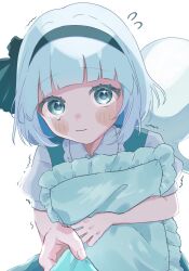  1girl black_hairband closed_mouth collared_shirt commentary_request frilled_shirt_collar frills green_eyes green_vest grey_hair hairband highres holding konpaku_youmu konpaku_youmu_(ghost) shirt short_hair short_sleeves simple_background solo toppoppo1017 touhou upper_body vest white_background white_shirt 