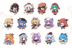  6+girls black_hair blonde_hair blue_eyes blue_hair braid braided_ponytail chibi chibi_only cirno commentary green_eyes green_hair grid_background hat highres hinanawi_tenshi ibuki_suika inubashiri_momiji kagiyama_hina kamishirasawa_keine koakuma long_hair looking_at_viewer medium_hair multiple_girls orange_eyes orange_hair patchouli_knowledge purple_hair rbfnrbf_(mandarin) red_eyes red_hair red_hat reisen_udongein_inaba rumia shameimaru_aya shameimaru_aya_(newsboy) tokin_hat touhou violet_eyes yagokoro_eirin yakumo_yukari 
