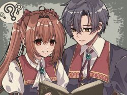  absurdres alternate_costume antenna_hair black_hair brown_hair commentary_request couple eiyuu_densetsu estelle_bright hair_ribbon highres joshua_bright long_hair reading_together red_eyes ribbon short_hair simple_background smile sora_no_kiseki twintails yellow_eyes yuzuchi_(yuchiyduchi) 