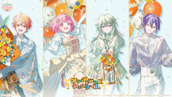  2boys 2girls :d ankle_socks aqua_streaks arm_up artist_name asymmetrical_sidelocks balloon black_pants blonde_hair blue_background blue_jacket blunt_bangs bouquet breasts buttons closed_mouth collared_dress collared_shirt column_lineup commentary_request company_name copyright_notice cowboy_shot cross-laced_clothes cross-laced_dress crown_hair_ornament crown_print dot_nose double-parted_bangs dress floral_print floral_print_jacket floral_print_pantyhose floral_print_shirt flower foot_out_of_frame frilled_dress frilled_sleeves frills gradient_hair green_dress green_hair grey_shirt grin group_name guest_art hair_between_eyes hair_flaps hair_ornament hairband hand_up happy highres holding holding_balloon holding_bouquet incoming_gift jacket jewelry juliet_sleeves kamishiro_rui kusanagi_nene light_blush lineup long_hair long_sleeves low-tied_sidelocks mary_janes multicolored_hair multiple_boys multiple_girls necklace official_alternate_costume official_alternate_hair_ornament official_art ootori_emu open_mouth orange_eyes orange_flower orange_hair pants pantyhose pink_eyes pink_hair pink_shoes print_pantyhose print_shirt project_sekai puffy_long_sleeves puffy_sleeves purple_hair second-party_source see-through_clothes see-through_sleeves shirt shoes short_hair sidelocks small_breasts smile socks standing standing_on_one_leg streaked_hair teeth tenma_tsukasa tongue turtleneck turtleneck_shirt ugonba_(howatoro) upper_teeth_only violet_eyes white_hairband white_pants white_pantyhose white_shirt white_socks wonderlands_x_showtime_(project_sekai) yellow_dress yellow_eyes yellow_flower 