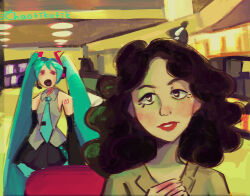  aqua_eyes aqua_hair aqua_necktie artist_name black_hair black_sleeves blush crossover curly_hair detached_sleeves east-west_crossover english_commentary flaavii grey_shirt hatsune_miku headset heart heart-shaped_pupils highres horror_(theme) indoors janice_(possibly_in_michigan) long_hair mall necktie number_tattoo own_hands_together possibly_in_michigan red_lips shirt sleeveless sleeveless_shirt symbol-shaped_pupils tattoo twintails very_long_hair vocaloid 