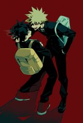  2boys backpack bag bakugou_katsuki black_jacket black_pants blonde_hair boku_no_hero_academia claireiosity face-to-face full_body gakuran grabbing_another's_hair hand_in_pocket highres holding holding_another's_hair holding_notebook jacket leaning_back leaning_forward male_focus midoriya_izuku multiple_boys notebook pants red_background school_bag school_uniform short_hair shoulder_bag simple_background spiky_hair standing yellow_bag 