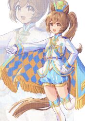  1girl absurdres animal_ears aqua_cape aqua_shorts band_uniform blue_cape blue_shorts blush boots brown_eyes brown_hair camellia_(camel_mal) cape gloves hair_between_eyes hat highres horse_ears horse_girl horse_tail jacket long_hair long_sleeves looking_at_viewer marching_band official_alternate_costume open_mouth ponytail shako_cap shorts smart_falcon_(luminous_twirler)_(umamusume) smart_falcon_(umamusume) smile tail thigh_boots umamusume white_boots white_gloves white_jacket zoom_layer 