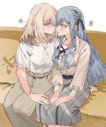  ! 2girls bang_dream! bang_dream!_it's_mygo!!!!! black_bow blonde_hair blue_hair blush bow braid brown_pants brown_shirt commentary_request couch eye_contact feet_out_of_frame grey_skirt hair_ribbon hands_on_lap heart highres imminent_kiss junjun_(kimi-la) long_hair long_sleeves looking_at_another looking_to_the_side medium_hair medium_skirt misumi_uika multiple_girls on_couch pants profile ribbon shirt short_sleeves side_braid simple_background sitting skirt spoken_exclamation_mark spoken_heart togawa_sakiko turning_head very_long_hair violet_eyes white_background white_shirt yellow_eyes yuri 